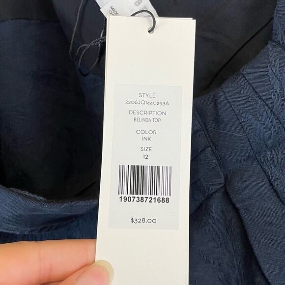 Veronica Beard Navy One Shoulder Linen Blend Blouse Size 12 Belinda Top NWT - Picture 11 of 14